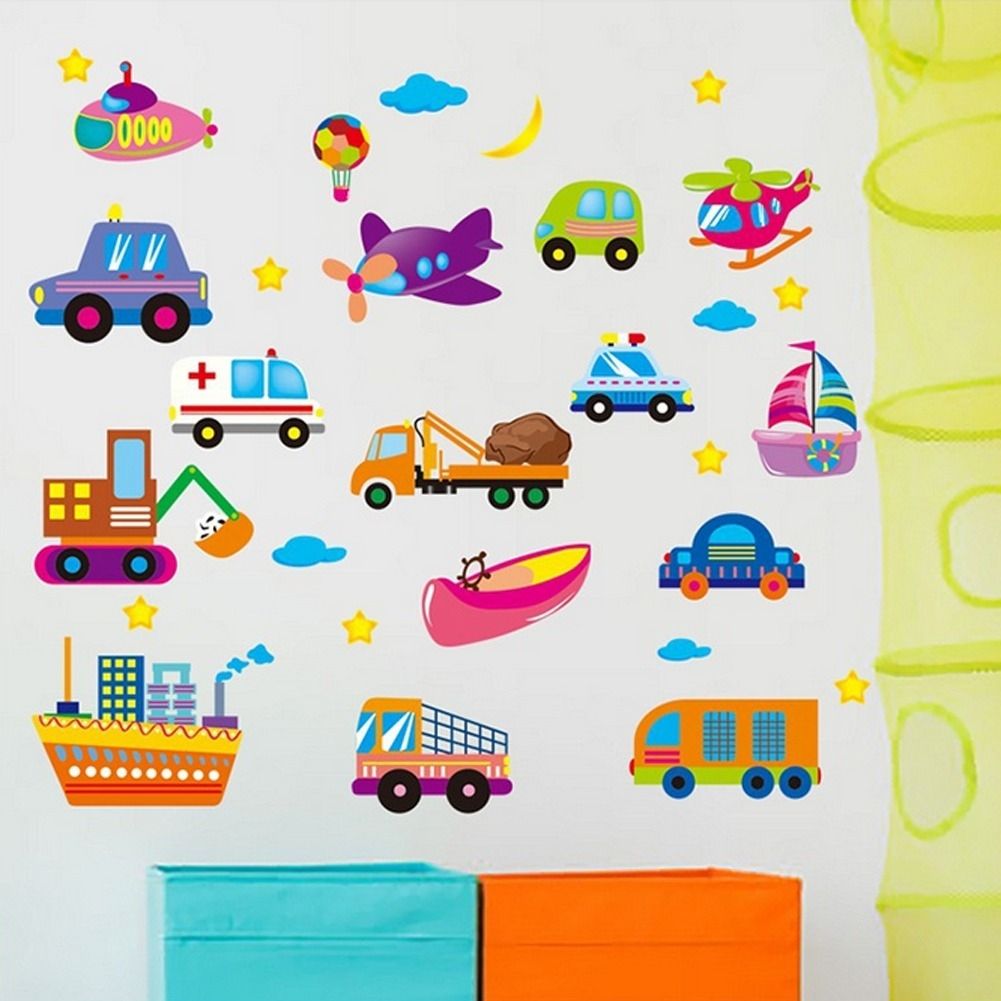 Cartoon Cars Planes Ships Ambulance Moon Stars Wall Decal Home Sticker PVC Murals Vinyl Paper House Decoration Wallpaper Living Room Bedroom Kitchen Art Picture DIY For Children Teen Senior Adult Nursery Baby 152113 Color-0