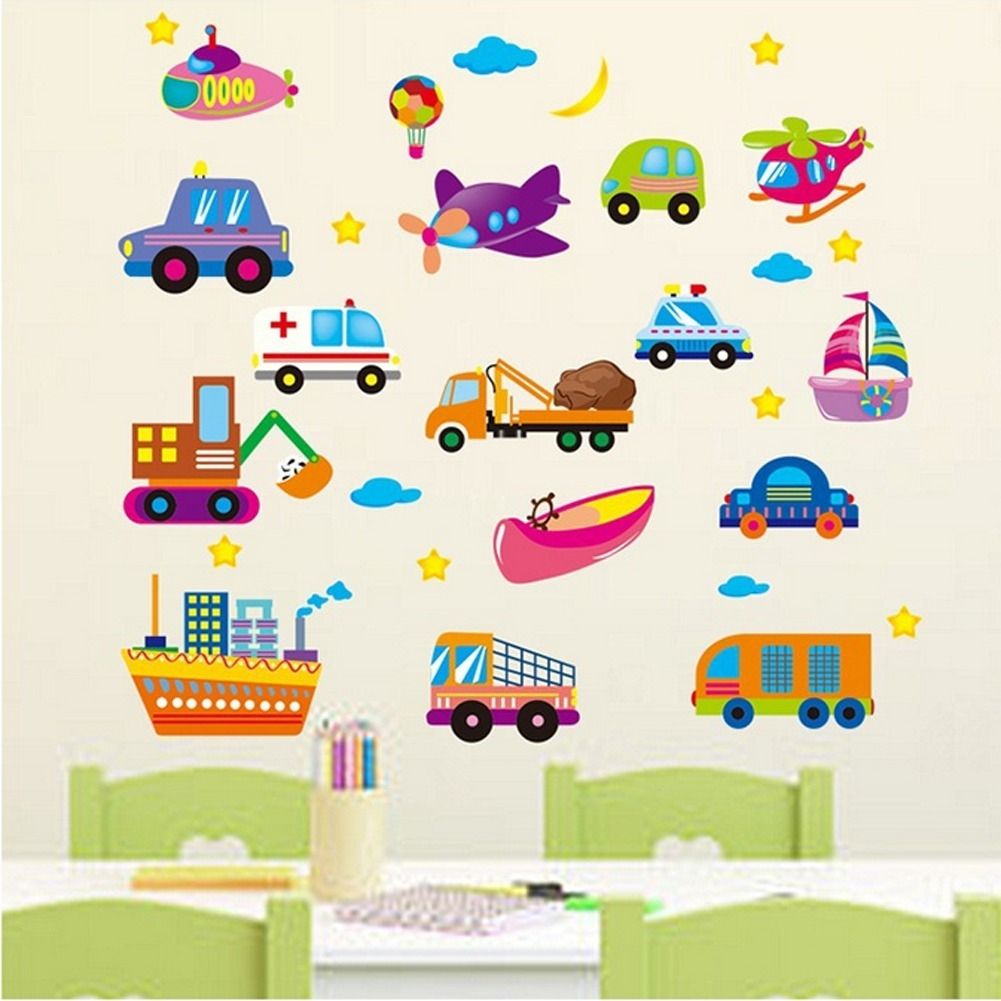 Cartoon Cars Planes Ships Ambulance Moon Stars Wall Decal Home Sticker PVC Murals Vinyl Paper House Decoration Wallpaper Living Room Bedroom Kitchen Art Picture DIY For Children Teen Senior Adult Nursery Baby 152113 Color-0