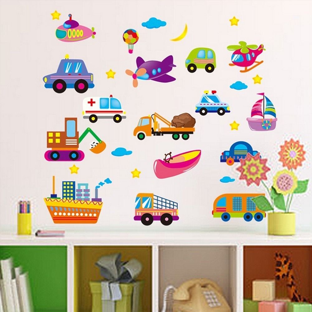 Cartoon Cars Planes Ships Ambulance Moon Stars Wall Decal Home Sticker PVC Murals Vinyl Paper House Decoration Wallpaper Living Room Bedroom Kitchen Art Picture DIY For Children Teen Senior Adult Nursery Baby 152113 Color-0