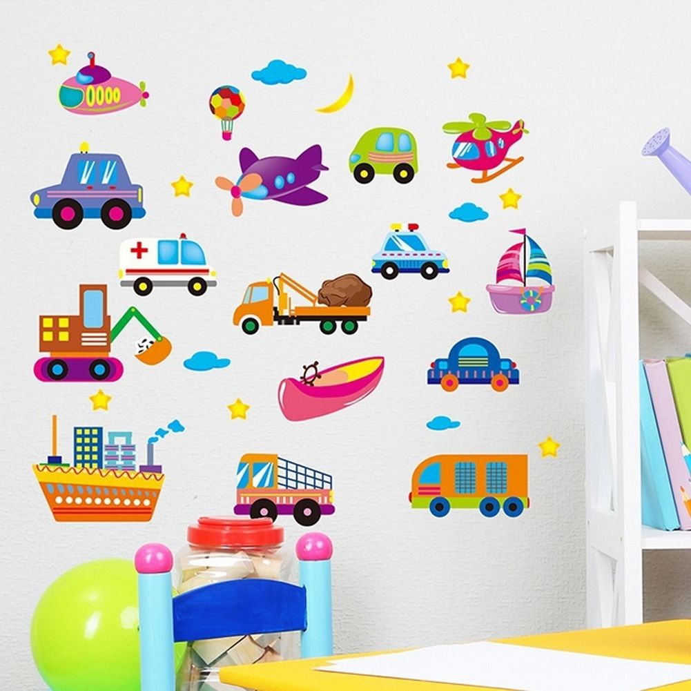 Cartoon Cars Planes Ships Ambulance Moon Stars Wall Decal Home Sticker PVC Murals Vinyl Paper House Decoration Wallpaper Living Room Bedroom Kitchen Art Picture DIY For Children Teen Senior Adult Nursery Baby 152113 Color-0