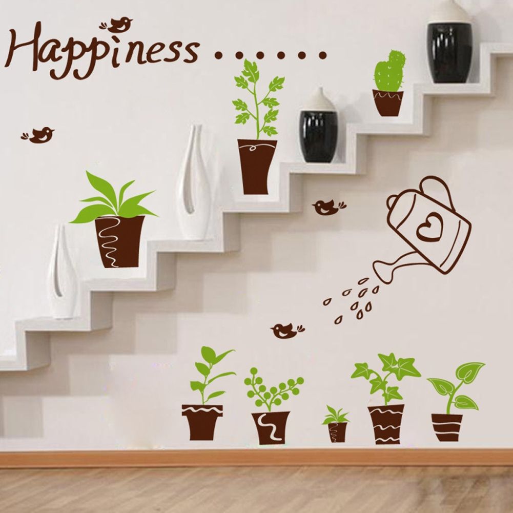 Happiness Birds Plants Pots Green Leaves Wall Decal Home Sticker PVC Murals Vinyl Paper House Decoration Wallpaper Living Room Bedroom Kitchen Art Picture DIY For Children Teen Senior Adult Nursery Baby 275713 Color-0