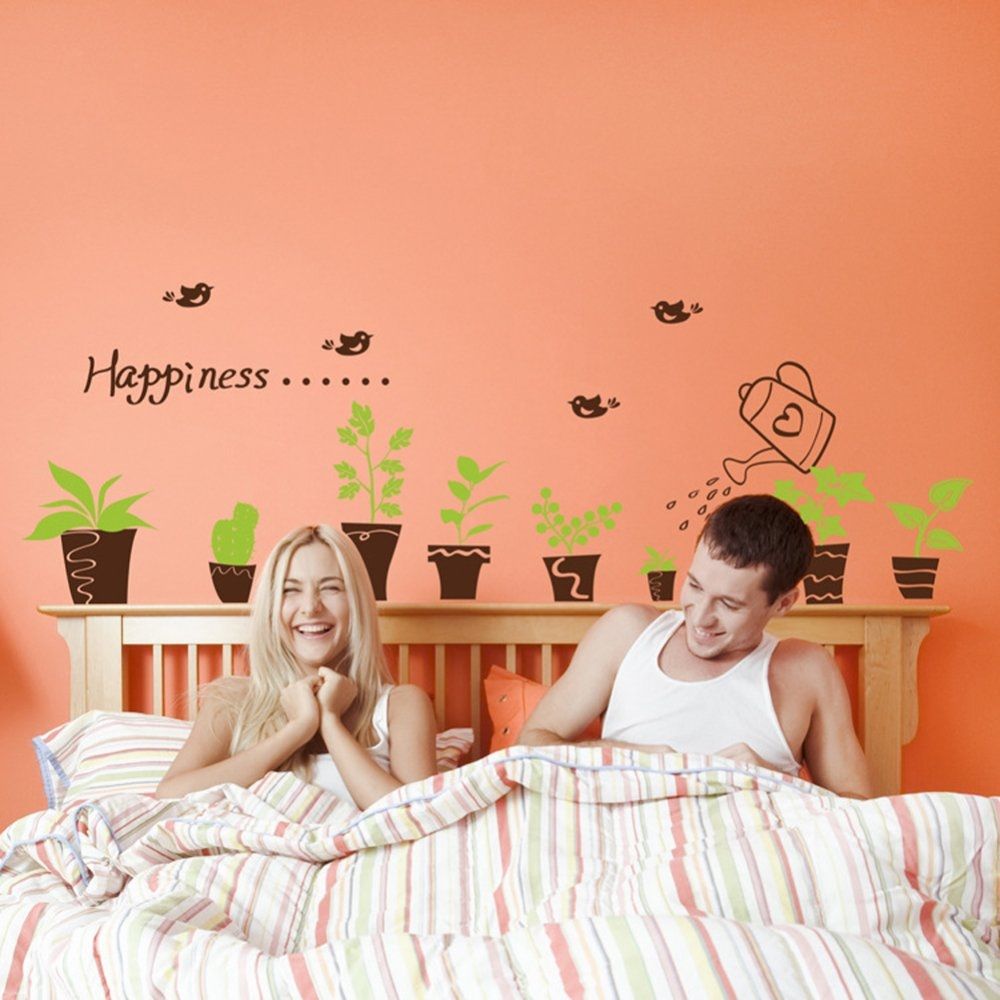 Happiness Birds Plants Pots Green Leaves Wall Decal Home Sticker PVC Murals Vinyl Paper House Decoration Wallpaper Living Room Bedroom Kitchen Art Picture DIY For Children Teen Senior Adult Nursery Baby 275713 Color-0