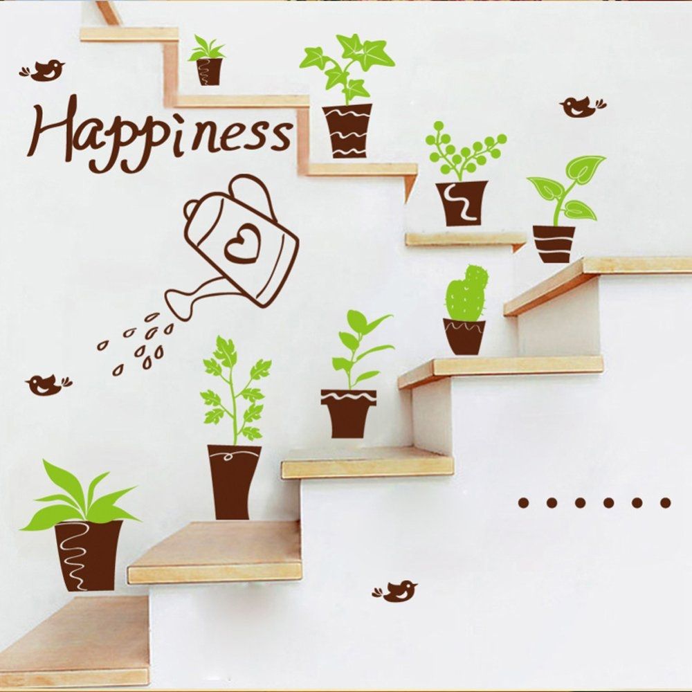 Happiness Birds Plants Pots Green Leaves Wall Decal Home Sticker PVC Murals Vinyl Paper House Decoration Wallpaper Living Room Bedroom Kitchen Art Picture DIY For Children Teen Senior Adult Nursery Baby 275713 Color-0