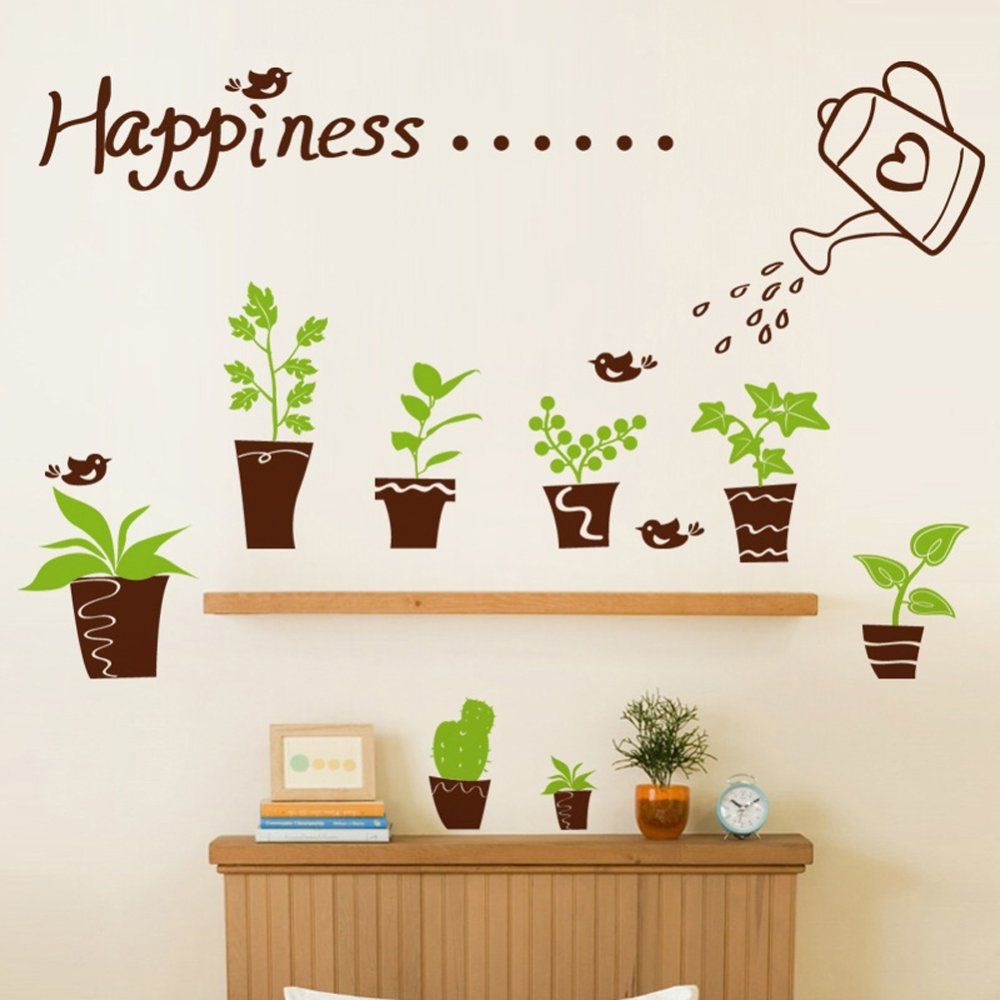 Happiness Birds Plants Pots Green Leaves Wall Decal Home Sticker PVC Murals Vinyl Paper House Decoration Wallpaper Living Room Bedroom Kitchen Art Picture DIY For Children Teen Senior Adult Nursery Baby 275713 Color-0