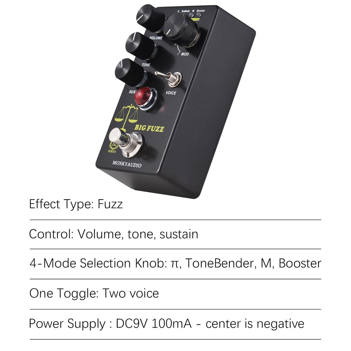 MOSKYAudio FUZZ Guitar Effect Pedal 4 Mode Switch & Volume/Tone/Sustain Controls Compact Portable Digital Fuzz Guitar Effector Effect Processor for Electric Guitar - BIG FUZZ