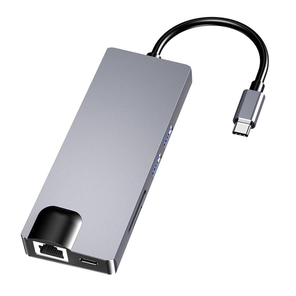 8-in-1 Type-C Hub USB-C Converter Aluminum Alloy Shell 2*USB3.0+1*PD+1*HD+1*VGA+1*100M RJ45 port+SD/TF Card Slots