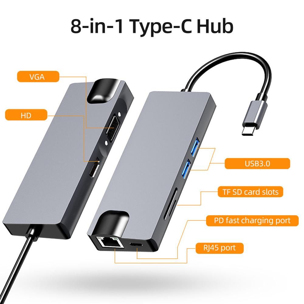8-in-1 Type-C Hub USB-C Converter Aluminum Alloy Shell 2*USB3.0+1*PD+1*HD+1*VGA+1*100M RJ45 port+SD/TF Card Slots