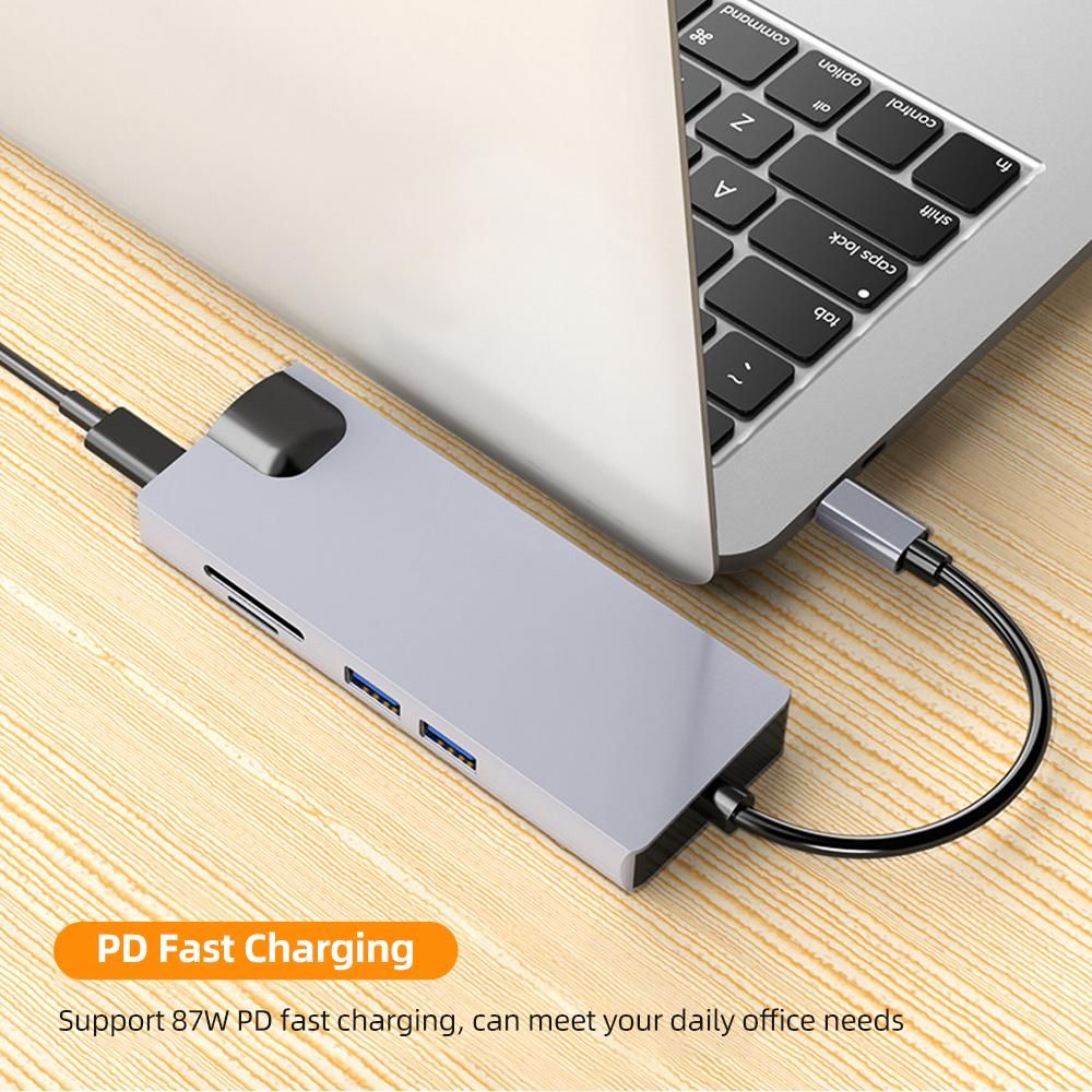 8-in-1 Type-C Hub USB-C Converter Aluminum Alloy Shell 2*USB3.0+1*PD+1*HD+1*VGA+1*100M RJ45 port+SD/TF Card Slots