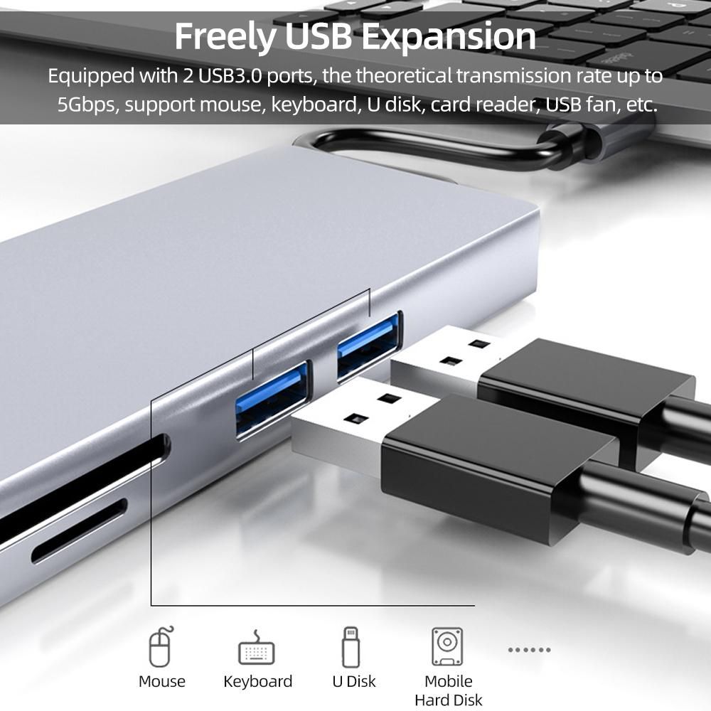 8-in-1 Type-C Hub USB-C Converter Aluminum Alloy Shell 2*USB3.0+1*PD+1*HD+1*VGA+1*100M RJ45 port+SD/TF Card Slots