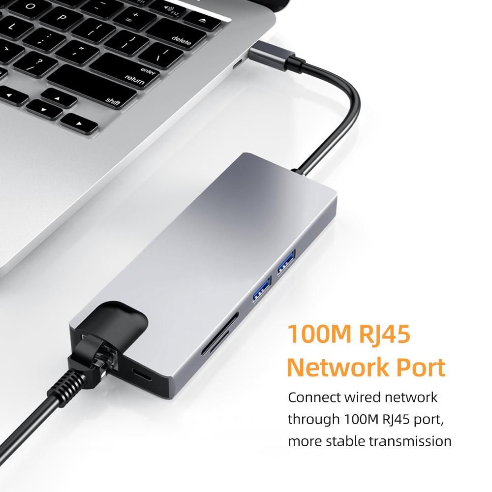 8-in-1 Type-C Hub USB-C Converter Aluminum Alloy Shell 2*USB3.0+1*PD+1*HD+1*VGA+1*100M RJ45 port+SD/TF Card Slots