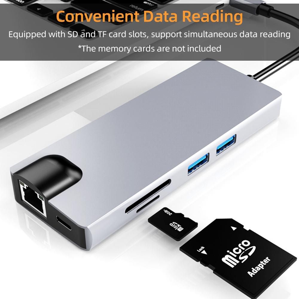 8-in-1 Type-C Hub USB-C Converter Aluminum Alloy Shell 2*USB3.0+1*PD+1*HD+1*VGA+1*100M RJ45 port+SD/TF Card Slots