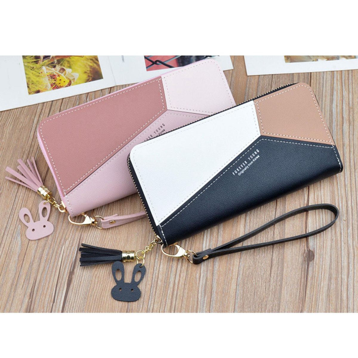 Women Wristlet Wallet Leather Clutch Tassel Purse Ladies Long Black