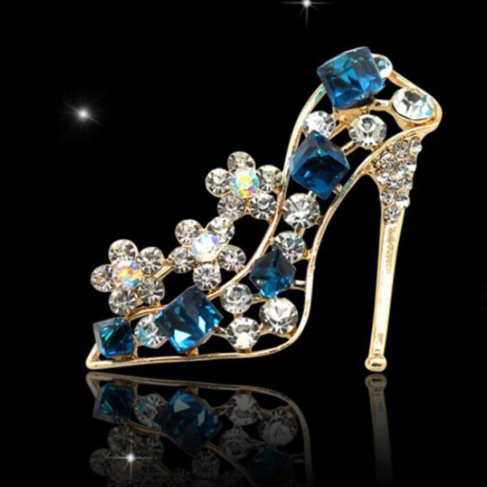 Vintage Women Rhinestone Inlaid High Heels Brooch Pin Breastpin Scarf Shawl Clip-Blue
