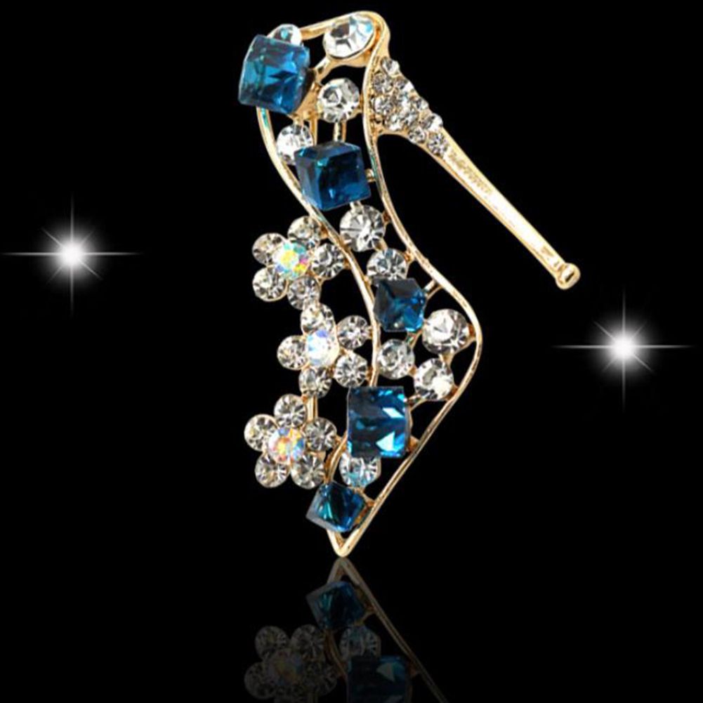 Vintage Women Rhinestone Inlaid High Heels Brooch Pin Breastpin Scarf Shawl Clip-Blue