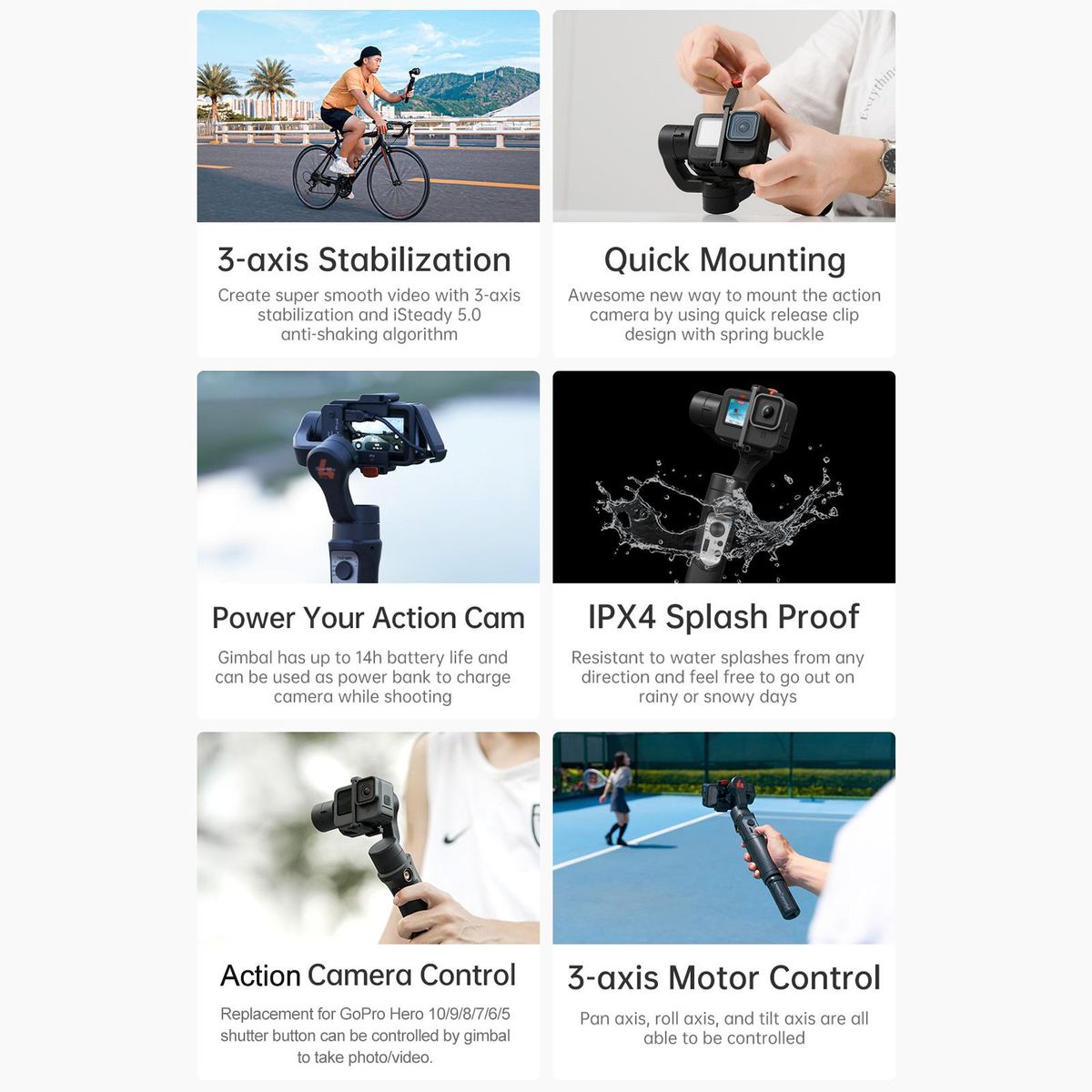 hohem iSteady Pro 4 3-Axis Handheld Sports Camera Gimbal Stabilizer Wireless Control Splash Proof Stabilizer Replacement for GoPro 11 10 9 8 7 6 5 4 3 OSMO Action Insta360 One R