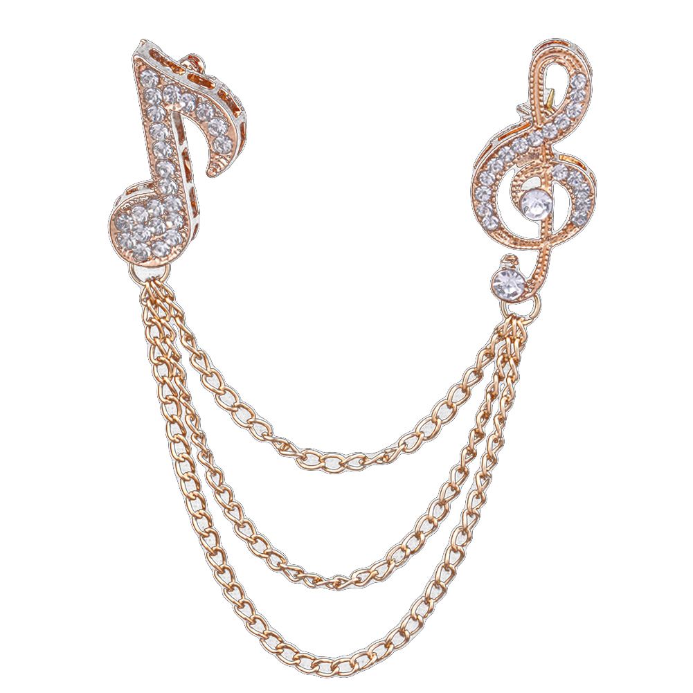 Unisex Rhinestone Musical Note Chain Tassel Brooch Pin Lapel Badge Shawl Jewelry-Golden