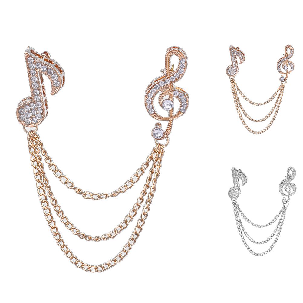 Unisex Rhinestone Musical Note Chain Tassel Brooch Pin Lapel Badge Shawl Jewelry-Golden