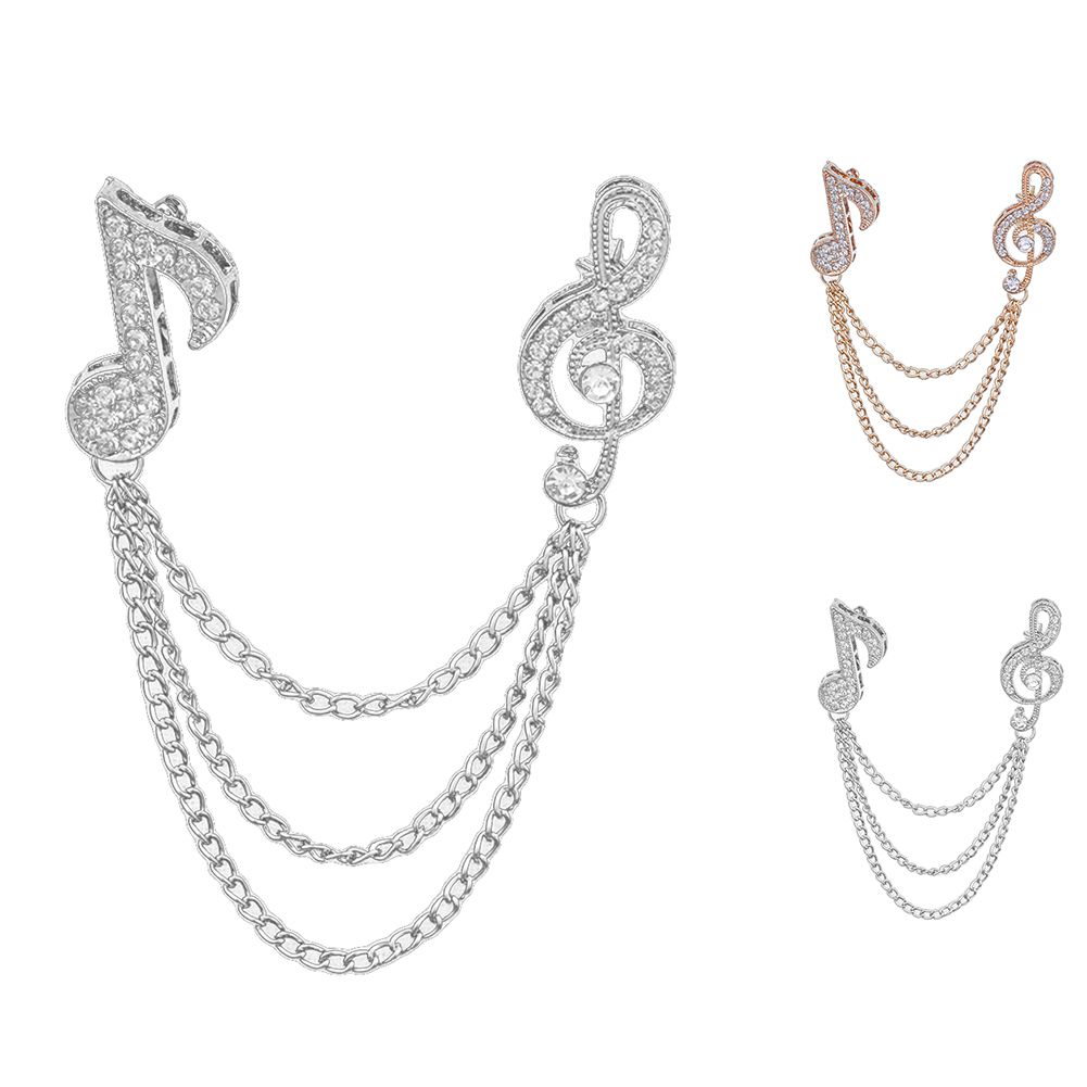 Unisex Rhinestone Musical Note Chain Tassel Brooch Pin Lapel Badge Shawl Jewelry-Golden