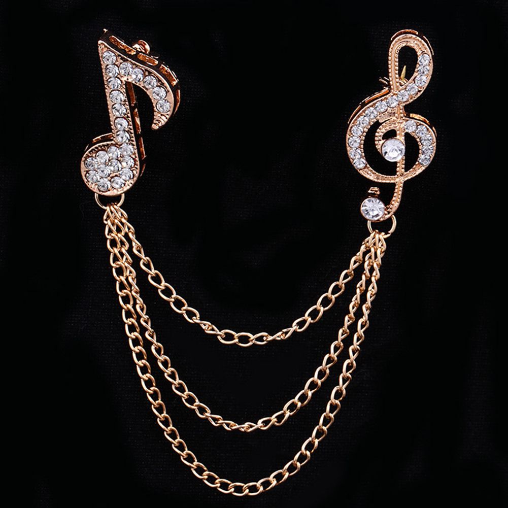 Unisex Rhinestone Musical Note Chain Tassel Brooch Pin Lapel Badge Shawl Jewelry-Golden