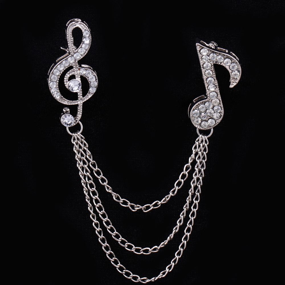 Unisex Rhinestone Musical Note Chain Tassel Brooch Pin Lapel Badge Shawl Jewelry-Golden