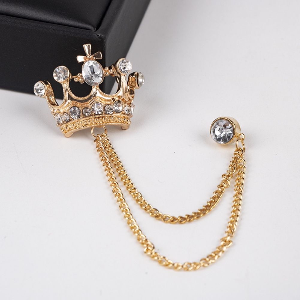 Unisex Crown Shape Brooch Tassel Chain Lapel Pin Retro Corsage Suit Accessory-Silver