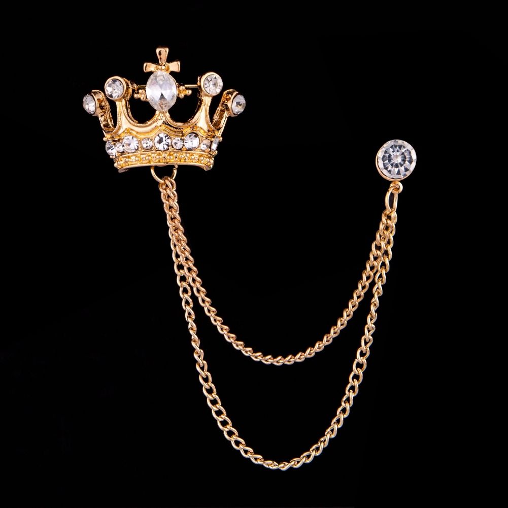 Unisex Crown Shape Brooch Tassel Chain Lapel Pin Retro Corsage Suit Accessory-Silver