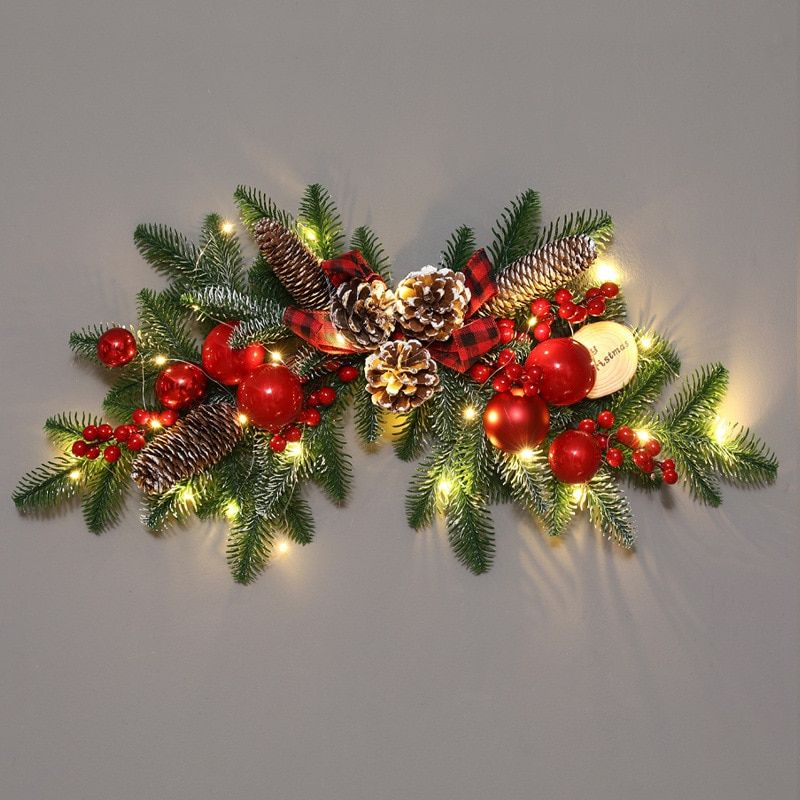 Christmas Garland Front Door Luxury Rattan Wreath Light Pinecones Ornament Balls Red Berry Hanging Wall Window Decoration 75cm With Light