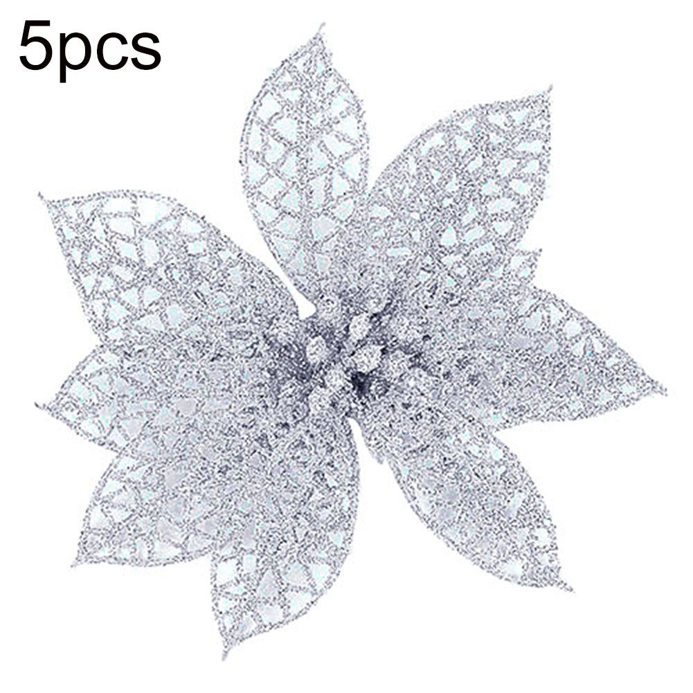5Pcs Glitter Hollow Artificial Christmas Flower-Silver