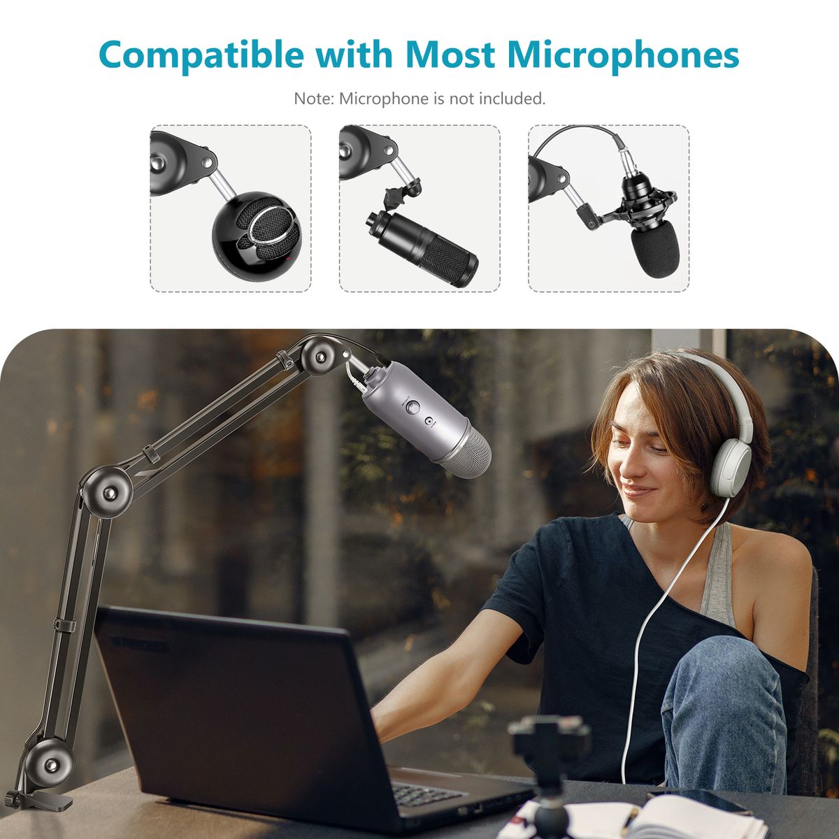 Upgraded NW-35 Pro Mic Stand Sturdier Microphone Arm Stand Compatible With Blue Yeti Snowball Blue Yeti Nano, Suspension Boom Scissor Arm With Cable Straps, Max. Load 1.5kg (Black)