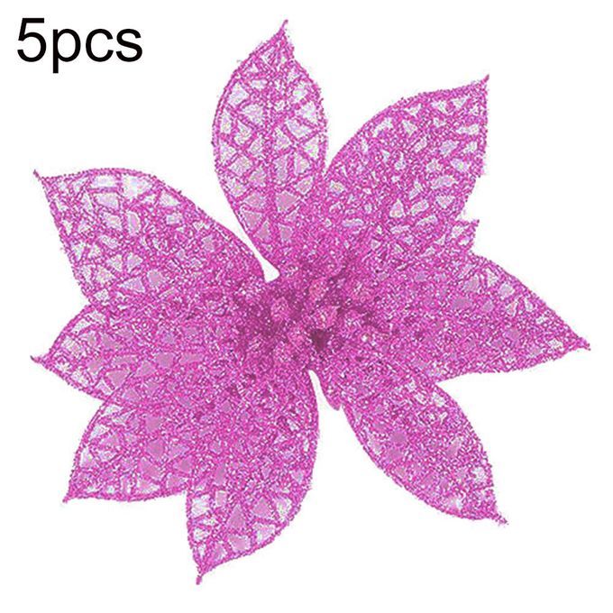 5Pcs Glitter Hollow Artificial Christmas Flower-Pink