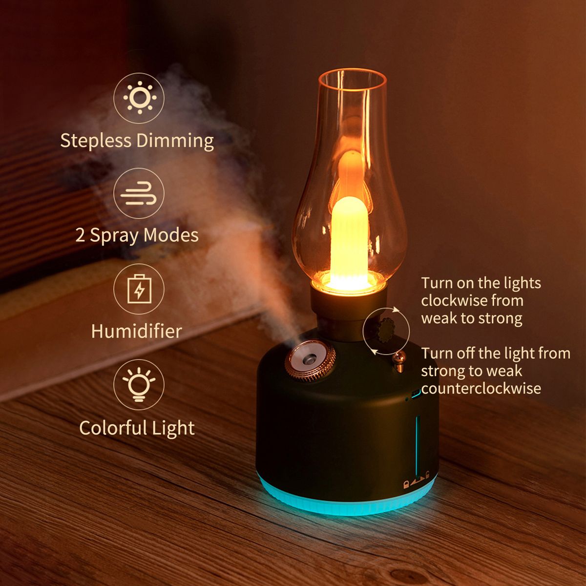 280mL Kerosene Lamp Shaped Humidifier Diffuser With 7-color