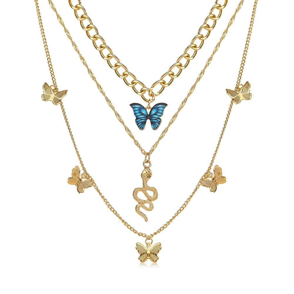 2022 New Creative Simple Temperament Women's Necklace Lovely Atmosphere Blue Butterfly Snake Necklace 3-piece Set