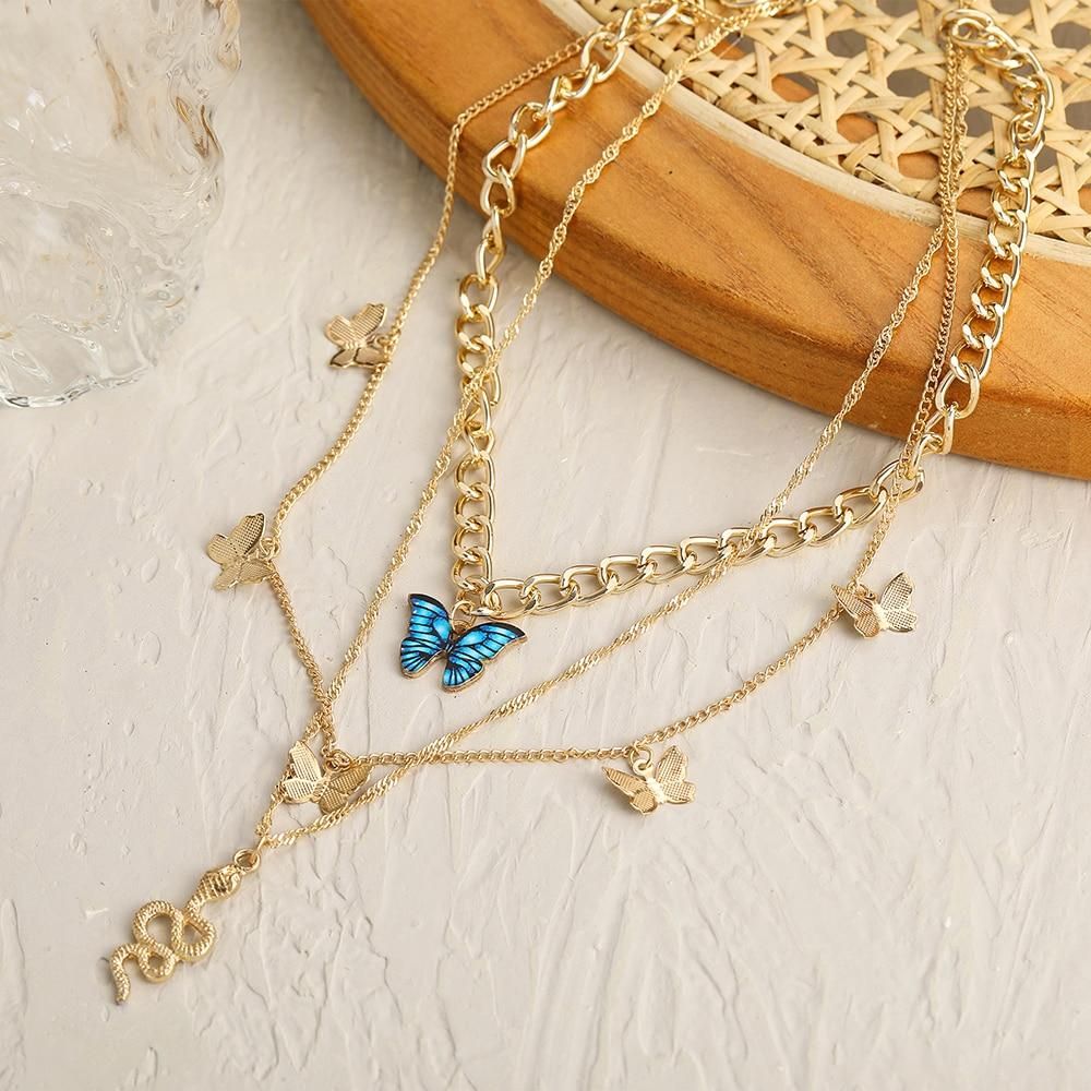 2022 New Creative Simple Temperament Women's Necklace Lovely Atmosphere Blue Butterfly Snake Necklace 3-piece Set