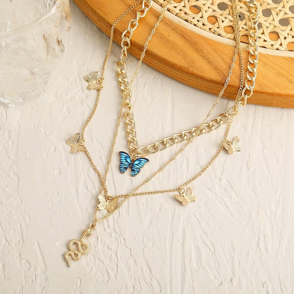 2022 New Creative Simple Temperament Women's Necklace Lovely Atmosphere Blue Butterfly Snake Necklace 3-piece Set