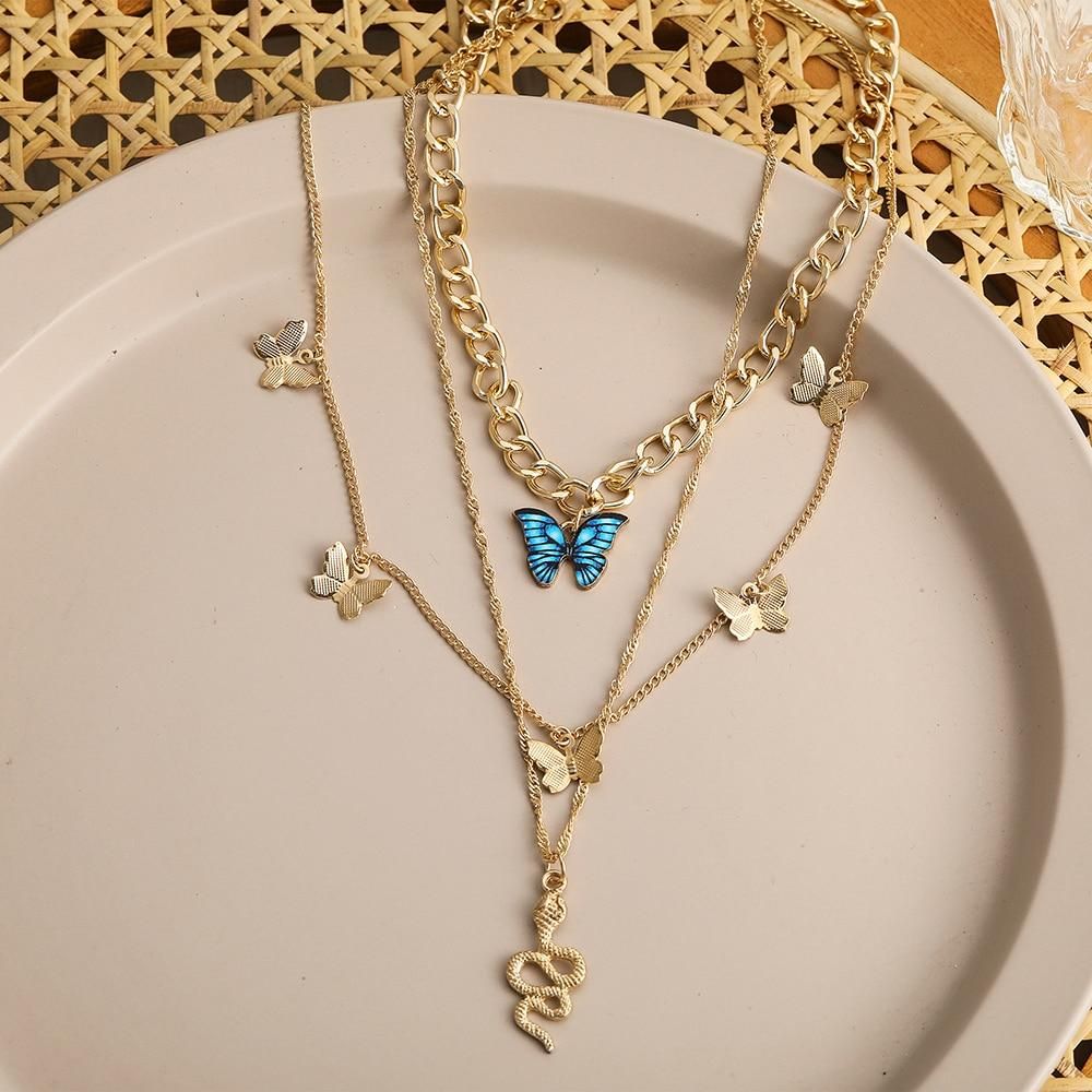 2022 New Creative Simple Temperament Women's Necklace Lovely Atmosphere Blue Butterfly Snake Necklace 3-piece Set