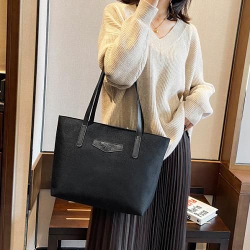 Ladies Tote Bag Knitted Fabric Women Handbag - Black