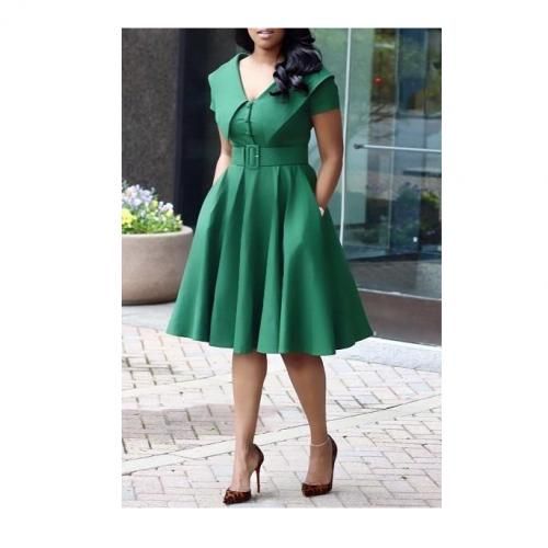 Cape Detail Belted Swing Dress - Green