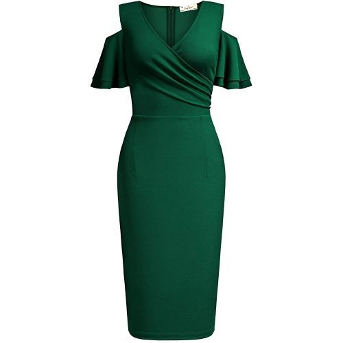 Rushed Cold Shoulder Ruffle Sleeve Dress-Green