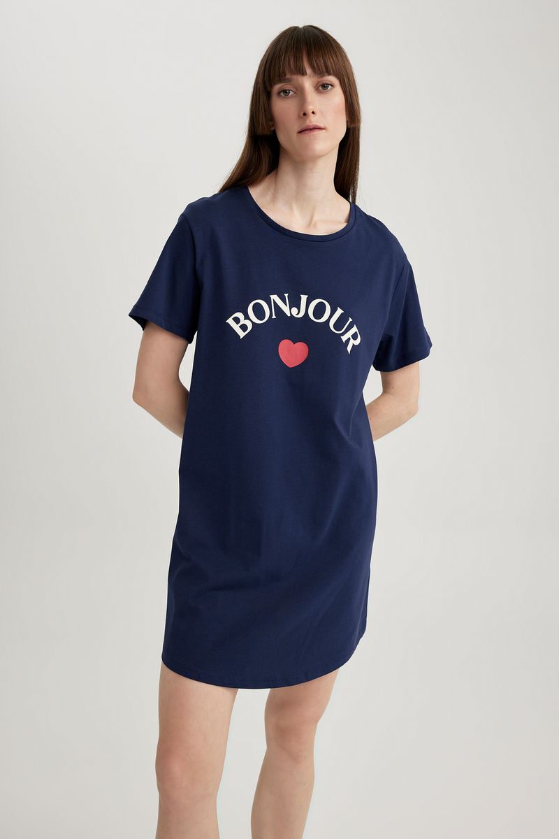 Woman Casual Regular Fit Short Sleeve Crew Neck Homewear Knitted Dress - Navy