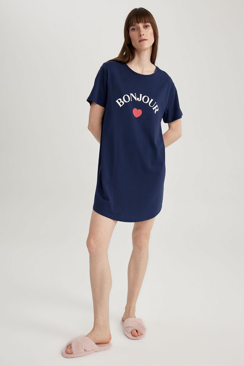 Woman Casual Regular Fit Short Sleeve Crew Neck Homewear Knitted Dress - Navy