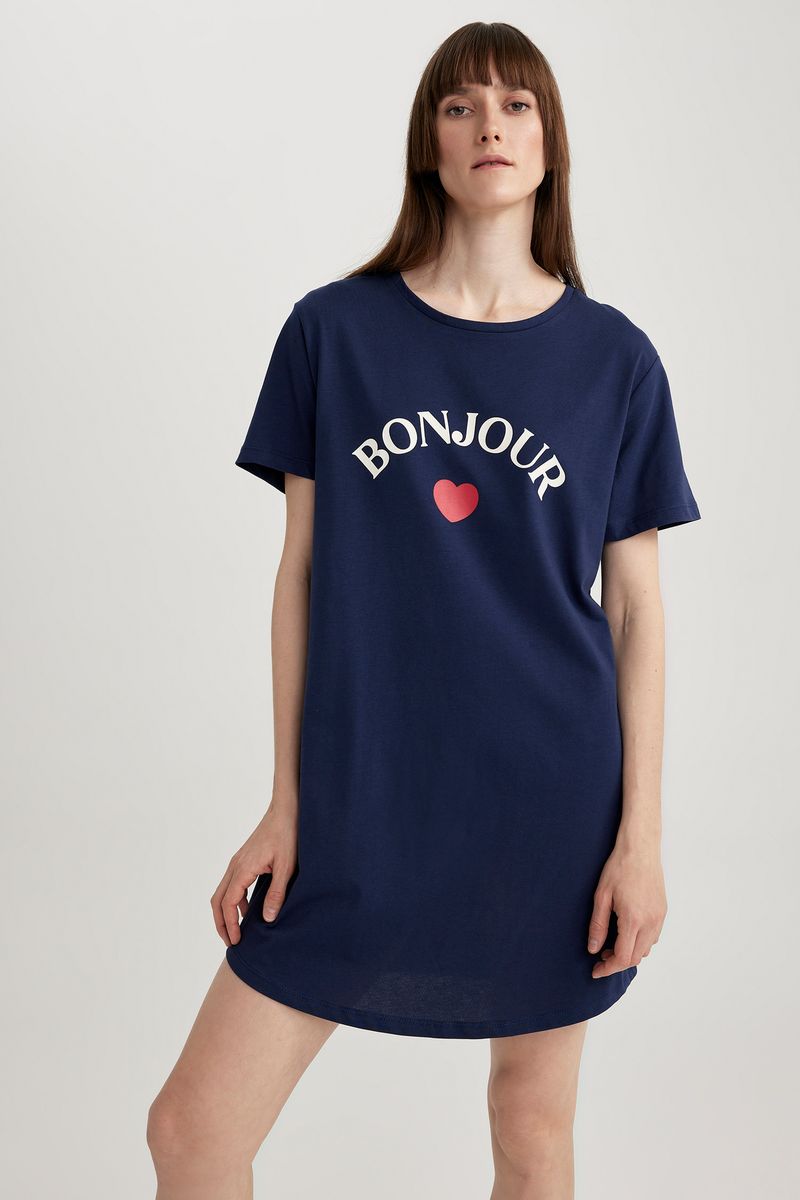 Woman Casual Regular Fit Short Sleeve Crew Neck Homewear Knitted Dress - Navy