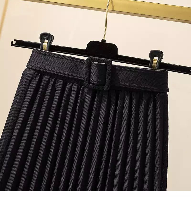 High Waist Pleated Long Skirts Womens Belt Fashion