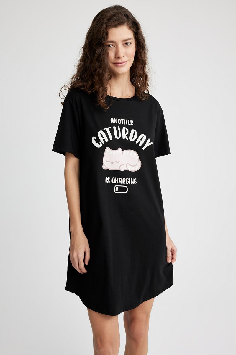 Woman Casual Regular Fit Crew Neck Short Sleeve Homewear Knitted Dress - Black