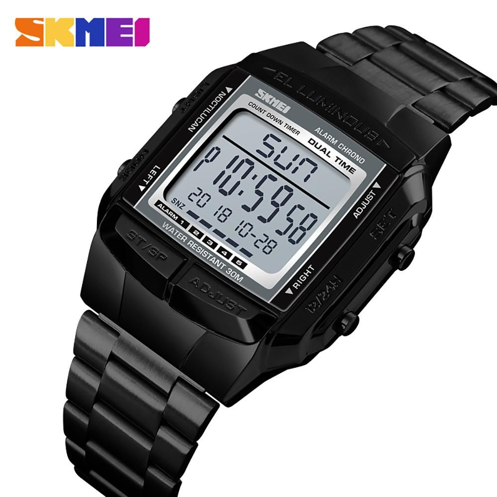 SKMEI 1381 Men Analog Digital Watch Fashion Casual Sports Wristwatch 2 Time 5 Alarm 3ATM Waterproof Stainless Steel Strap Backlight Multifunctional Watches Relogio Masculino