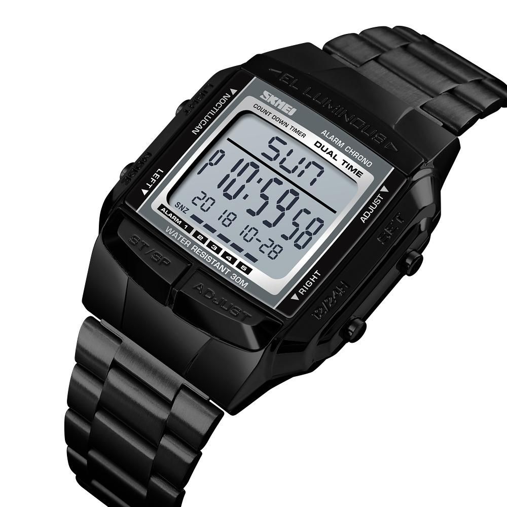 SKMEI 1381 Men Analog Digital Watch Fashion Casual Sports Wristwatch 2 Time 5 Alarm 3ATM Waterproof Stainless Steel Strap Backlight Multifunctional Watches Relogio Masculino