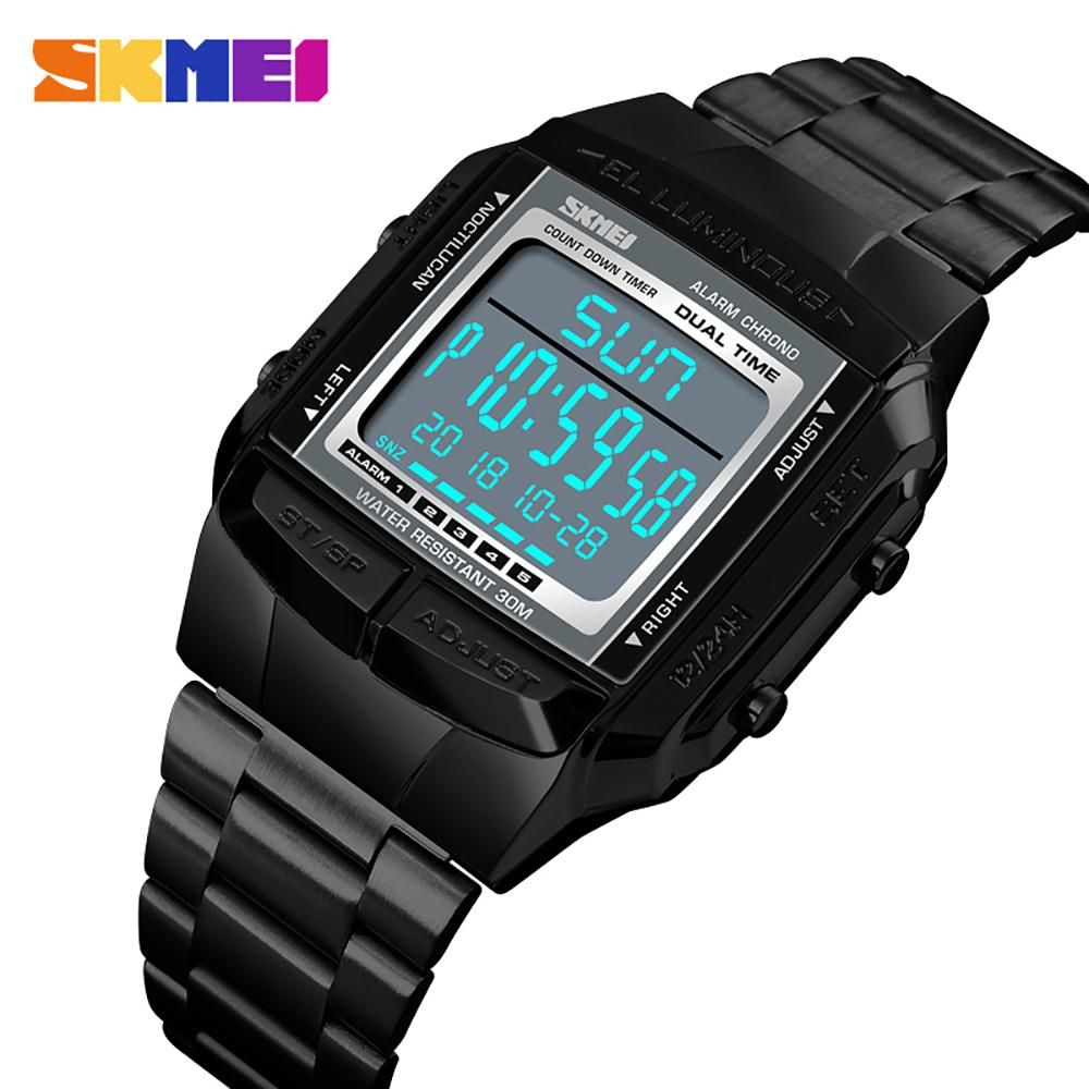 SKMEI 1381 Men Analog Digital Watch Fashion Casual Sports Wristwatch 2 Time 5 Alarm 3ATM Waterproof Stainless Steel Strap Backlight Multifunctional Watches Relogio Masculino
