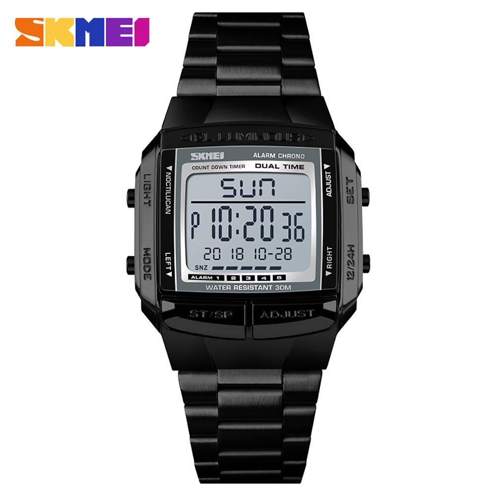 SKMEI 1381 Men Analog Digital Watch Fashion Casual Sports Wristwatch 2 Time 5 Alarm 3ATM Waterproof Stainless Steel Strap Backlight Multifunctional Watches Relogio Masculino