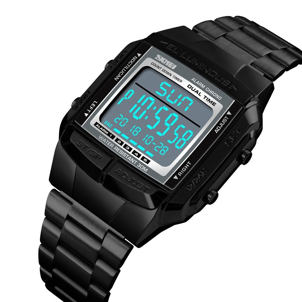 SKMEI 1381 Men Analog Digital Watch Fashion Casual Sports Wristwatch 2 Time 5 Alarm 3ATM Waterproof Stainless Steel Strap Backlight Multifunctional Watches Relogio Masculino