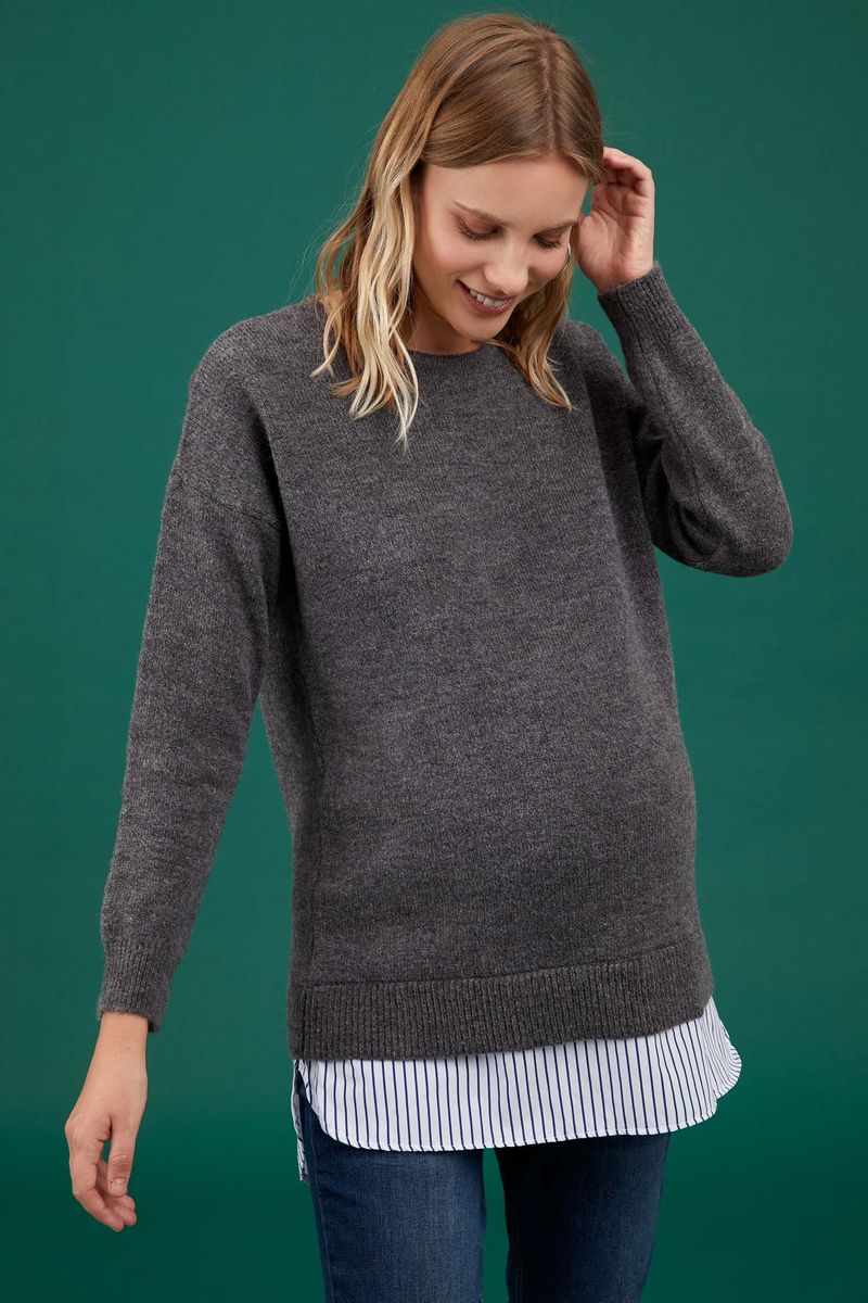 Woman - Regular Fit Tricot Maternity Tops - Grey