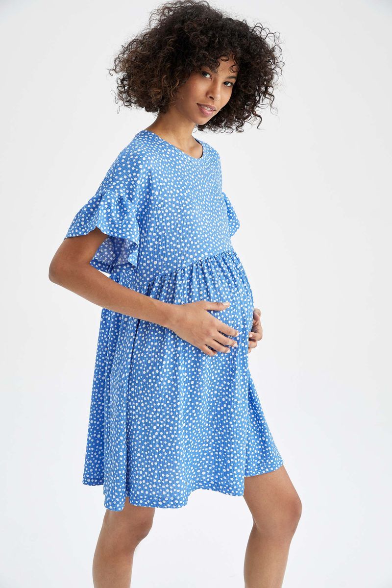 Woman - A Line Short Sleeve Maternity Dress - Blue